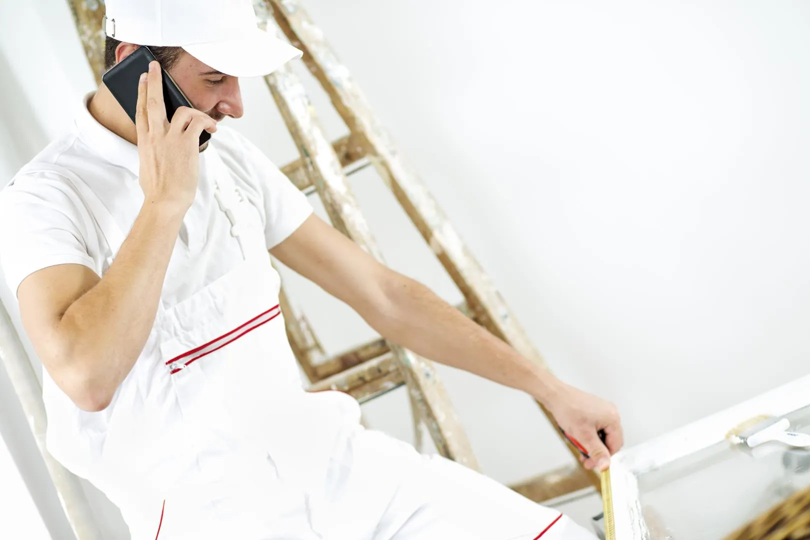 Junger Mann repariert Fenster. Ein junger Arbeiter nimmt Maß für neue Fenster.