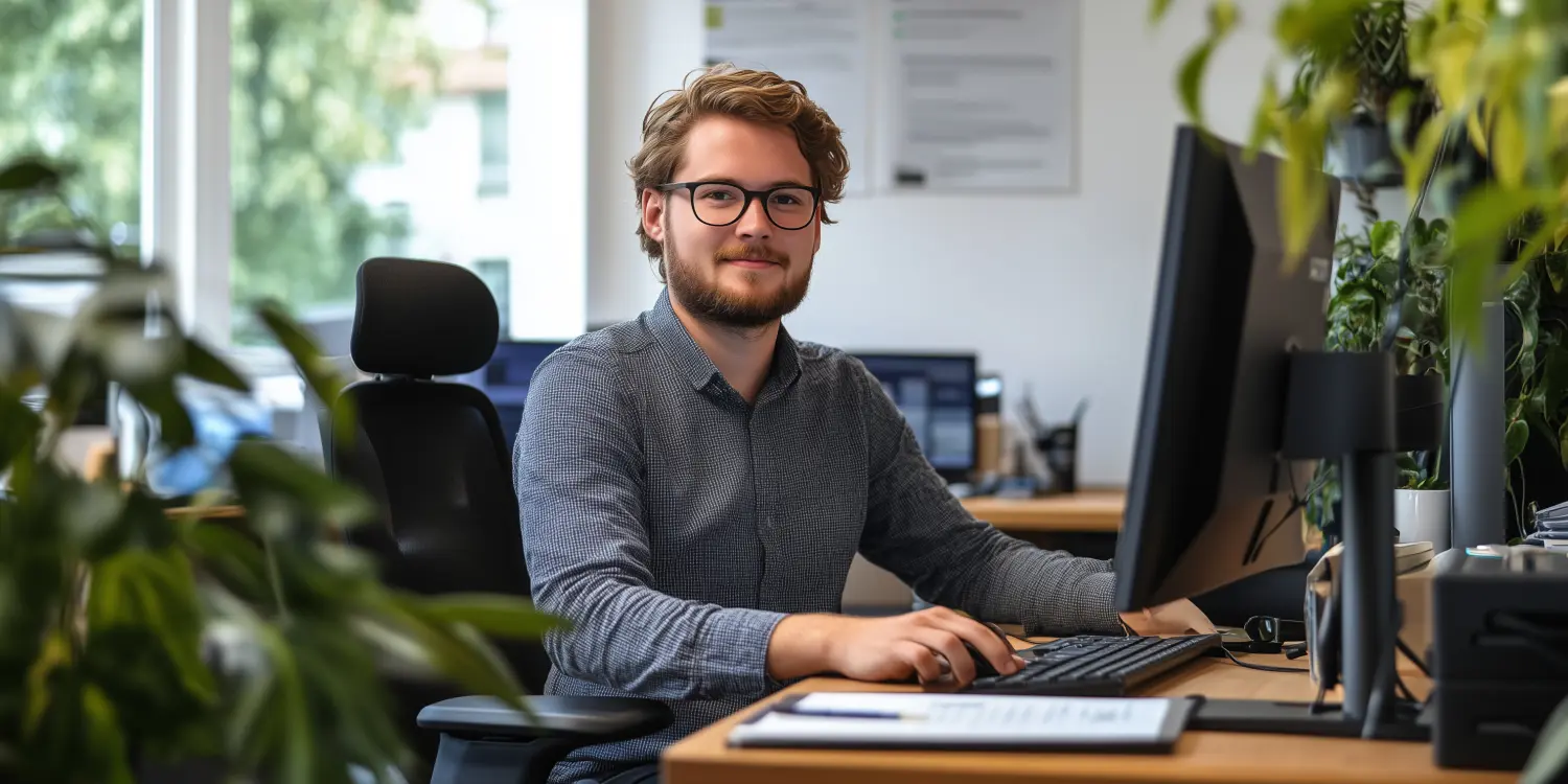 Die Managerin sitzt lächelnd und nach vorne gerichtet am Computer.